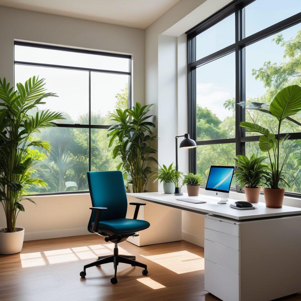 A modern office setting featuring a sleek fax machine integrated into an elegant desk design, surrounded by lush green plants and stylish decor. Showcase efficient workspace organization, highlighting aesthetic elements like soft lighting, minimalist furniture, and colorful stationery accessories. Add a window view with a bright blue sky to symbolize clarity and creativity. super-realistic. vibrant colors. modern design.