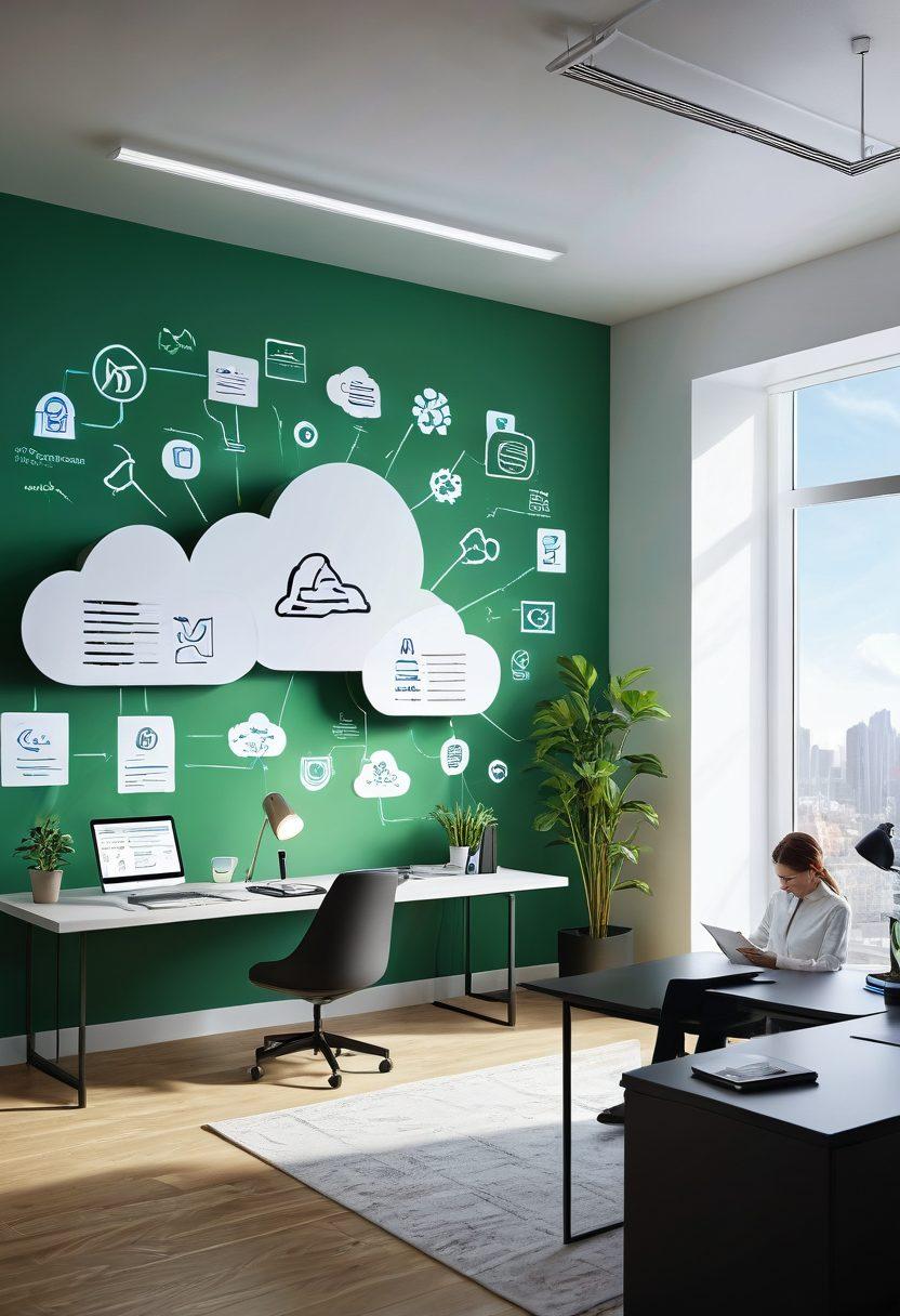 A futuristic office setting showcasing a sleek, modern workspace with no paper in sight. An individual happily using a digital device to send and receive faxes, surrounded by floating icons representing cloud technology and organization. Sunlight streams through a large window, highlighting a plant to symbolize growth and sustainability. A subtle transition effect from cluttered papers to a clean digital interface emphasizes the shift to a paperless future. super-realistic. vibrant colors. 3D.